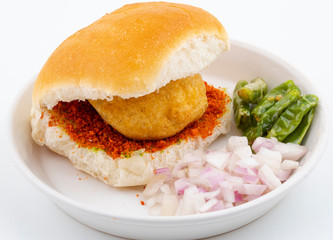 Indian Famous Street Food Vada Pav Also Know as Vada Paav, Wada Pav or Wada Pao is a Vegetarian Fast Food Dish From Maharashtra