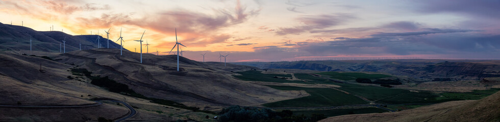 Fototapeta premium Beautiful Panoramic Landscape View of Wind Turbines on a Windy Hill during a colorful sunrise. Taken in Washington State, United States of America.