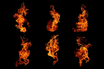 Papier Peint photo Lavable Feu Collection de flammes de feu isolée sur fond noir, mouvement des flammes de feu