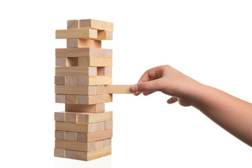 Close up blocks wood game on white background.