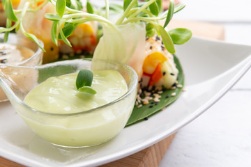 Rice paper salad rolls with carrot,sunflower sprout, corn and crab stick