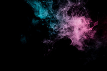 Colored background with winding clouds of smoke from patterns of different forms of pink, green and blue colors with tongues of flame on a black isolated background. Print for t-shirt.