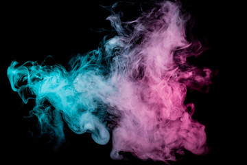 Colored background with winding clouds of smoke from patterns of different forms of pink, green and blue colors with tongues of flame on a black isolated background. Print for t-shirt.