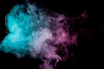 Colored background with winding clouds of smoke from patterns of different forms of pink, green and...