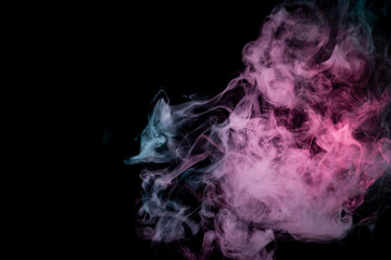 Colored background with winding clouds of smoke from patterns of different forms of pink, green and...