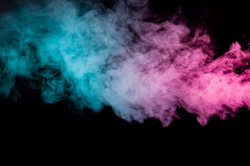 Colored background with winding clouds of smoke from patterns of different forms of pink, green and blue colors with tongues of flame on a black isolated background. Print for t-shirt.