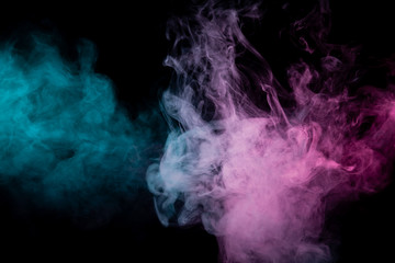 Colored background with winding clouds of smoke from patterns of different forms of pink, green and...