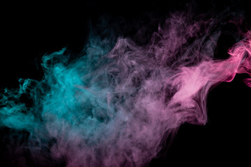 Colored background with winding clouds of smoke from patterns of different forms of pink, green and blue colors with tongues of flame on a black isolated background. Print for t-shirt.