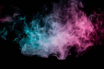 Colored background with winding clouds of smoke from patterns of different forms of pink, green and...