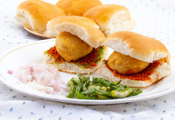 Indian Famous Street Food Vada Pav Also Know as Vada Paav, Wada Pav or Wada Pao is a Vegetarian Fast Food Dish From Maharashtra