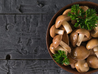 Bowl with fresh mushrooms decorated with parsley on a wooden table. The view from the top.