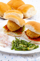 Indian Famous Street Food Vada Pav Also Know as Vada Paav, Wada Pav or Wada Pao is a Vegetarian Fast Food Dish From Maharashtra