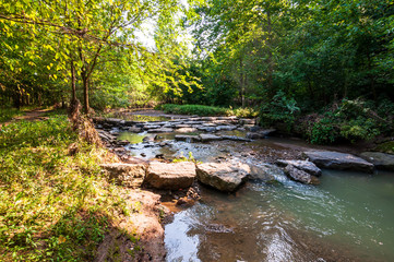 Nine Mile Run, a stream in Frick Park, Pittsburgh, Pennsylvania, USA which runs through the park...