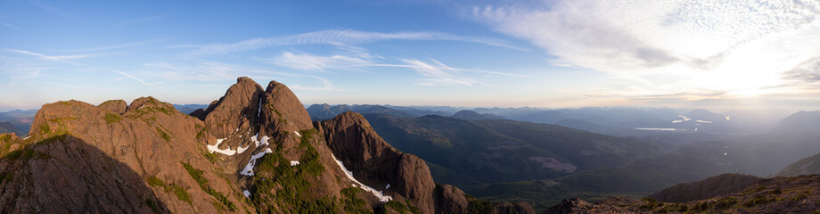 Beautiful Panoramic view of Canadian Mountain Landscape during a vibrant summer sunset. Taken at Mt Arrowsmith, near Nanaimo and Port Alberni, Vancouver Island, BC, Canada.