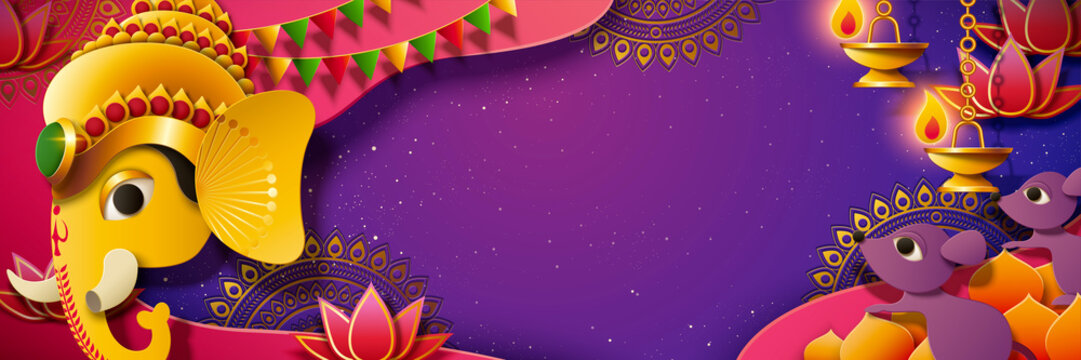 Happy Ganesh Chaturthi Header Or Banner Design With Lord Ganesha Statue  Incense Holder Laddu And Modak In Bowls On Red Background Stock  Illustration  Download Image Now  iStock