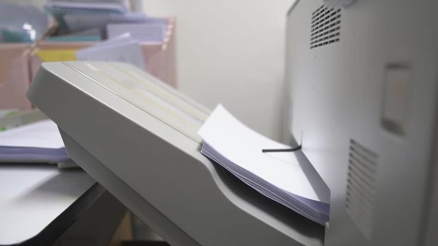 copier or printer machine with copy or xerox and white blank paper on tray in work office and lot of work for print report and business document with nature sound on slow