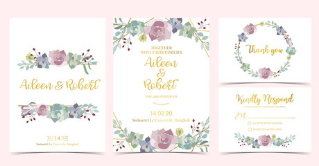 Pink green geometry wedding invitation with cactus and leaves.Vector birthday invitation for kid and baby.Editable element