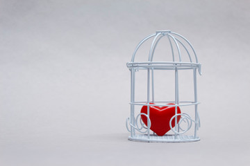 Idea on the theme of love. Decorative cell with a red heart in captivity on a light background.