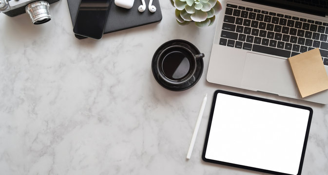 Top view of photographer's stylish workplace