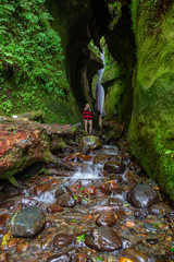 View of a river and a waterfall in a beautiful natural canyon. Taken in Sombrio Beach near Port Renfrew, Vancouver Island, BC, Canada.