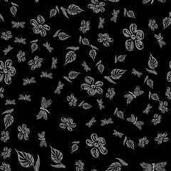 Dragonfly seamless hand-drawn pattern with flowers for wallpaper design. Retro abstract card with black dragonfly seamless hand flowers on black background. Vintage floral pattern