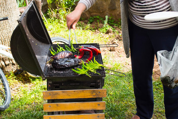 Meat and vegetables cooked on a barbecue