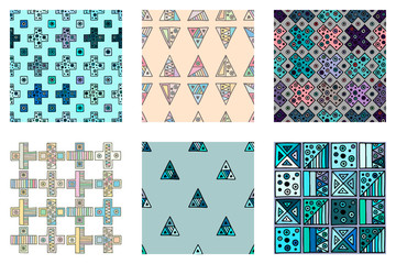 Fototapeta premium Seamless vector pattern. geometrical background with hand drawn decorative tribal doodle elements. Print with ethnic, folk, geometrical motifs. Graphic geometric illustration, squres, dots, rectangles