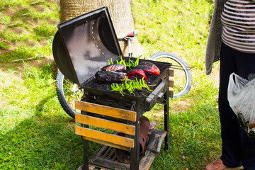 Meat and vegetables cooked on a barbecue