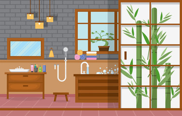 Japanese Bathroom Residential Traditional Style Wood Accent Interior Illustration