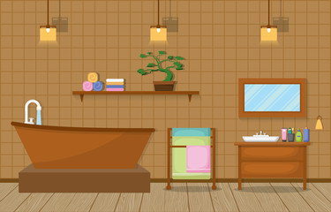 Japanese Bathroom Residential Traditional Style Wood Accent Interior Illustration