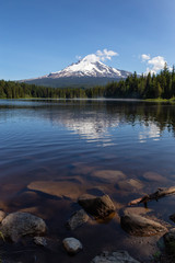 Beautiful Landscape View of a Lake with Mt Hood in the background during a sunny summer day. Taken from Trillium Lake, Mt. Hood National Forest, Oregon, United States of America.