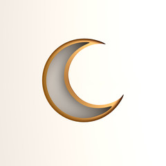 Minimal gold crescent moon paper cut on white background. Design creative concept of islamic celebration day ramadan kareem or eid al fitr adha, hajj, hijri, mawlid. 3D illustration.