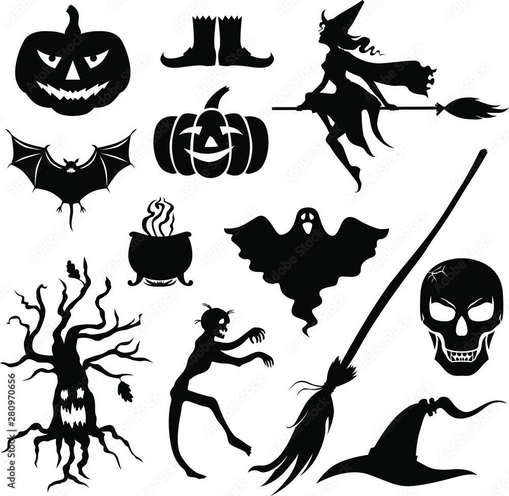 Sticker Vector illustrations of Halloween silhouette icon set