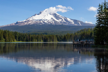 Beautiful Landscape View of a Lake with Mt Hood in the background during a sunny summer day. Taken from Trillium Lake, Mt. Hood National Forest, Oregon, United States of America.