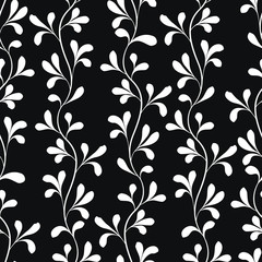 Vector seamless pattern with vertical branches with leaves. Black and white abstract floral design. 