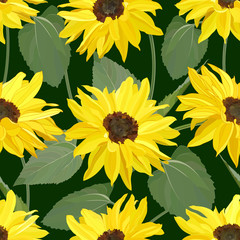 seamless pattern of large yellow sunflower flowers with leaves on a dark green background