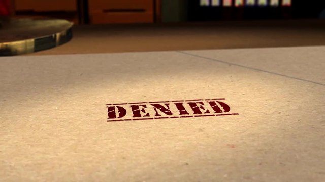 Motion graphics - CGI 3D animation of a file being rubber stamped DENIED