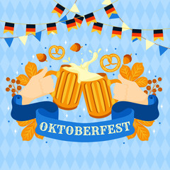 Oktoberfest. Two glass toasting mugs with beer, cheers. Traditional German Poster Festival. Mustache, fresh dark beer, pretzel, sausage, accordion, beer and flag. Vector - Illustration