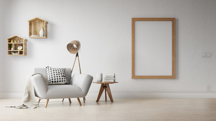 Interior poster mock up living room with colorful white sofa . 3D rendering.