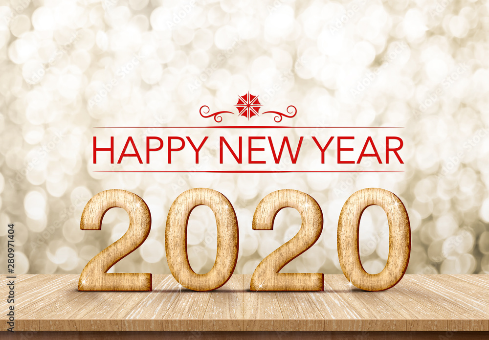 Aufkleber red happy new year 2020 (3d rendering ) on white marble table with sparkling gold bokeh wall,banner 