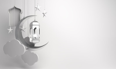 Arabic lantern, crescent, cloud, star, window on white background. Design creative concept of islamic celebration day ramadan kareem or eid al fitr adha, hajj, hijri, mawlid. 3D illustration.