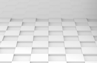 3d rendering. Modern minimal style white square grid tile floor corner room wall background.