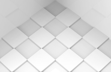 3d rendering. perspective view of Modern minimal style white square grid tile floor corner room wall background.