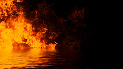 Texture of fire with reflection in water. Flames on isolated black background. Texture for banner,flyer,card . Design element.