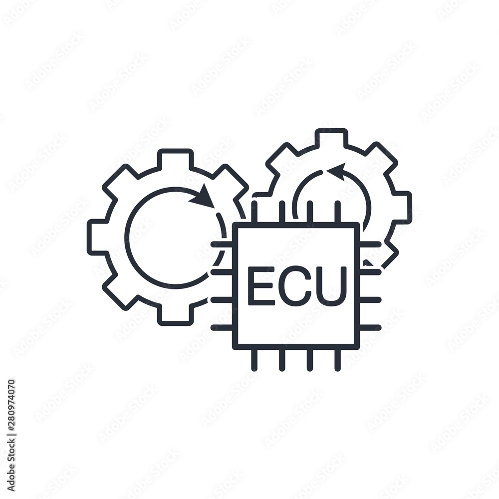 Poster electronic control unit mechanism. vector linear icon, white background.