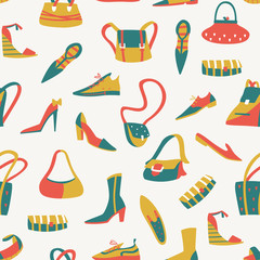 Women's Handbags and Shoes Vector Pattern on White Background.
