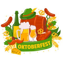 Oktoberfest. Traditional German Poster Festival. Mustache, . fresh dark beer, pretzel, sausage, autumn leaf, flag, accordion, beer and flag on black background. Vector - Illustration