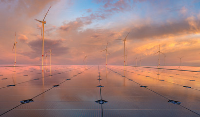 clean energy concept, photovoltaic panels and wind turbines