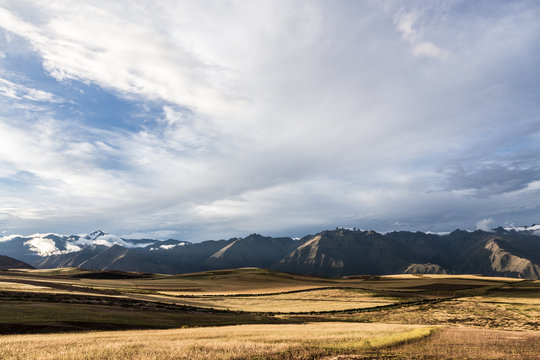 Farmland and mountains at Sacred Valley of the Incas, Cusco, Peru