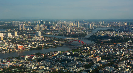 Aerial view of cityscape in sunny day